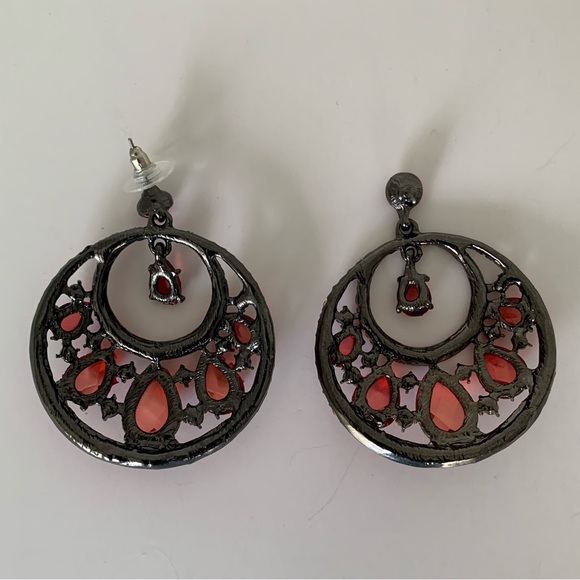Vintage Red Jeweled Hoop Earrings Drop Rhinestones Stud Top Pierced Ears - Picture 11 of 15
